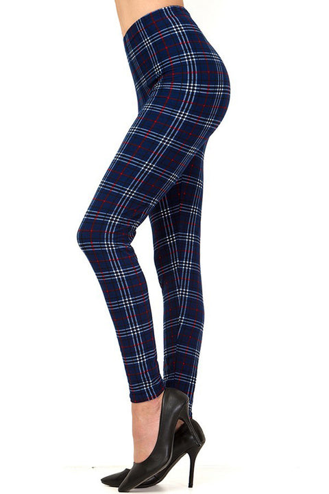 Women's Regular Holiday Navy Wine Plaid Pattern Printed Leggings