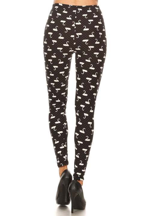 Women's 3X 5X B&W Swans Birds Pattern Print Leggings