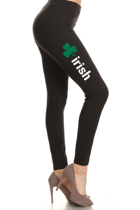 Women's Irish Word with Green Clover Design Printed Leggings for Regular Plus 3X5X