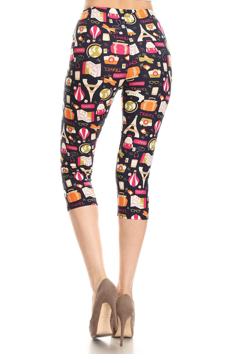 Women's Regular Colorful Travel Ticket Theme Printed Cropped Capri Leggings