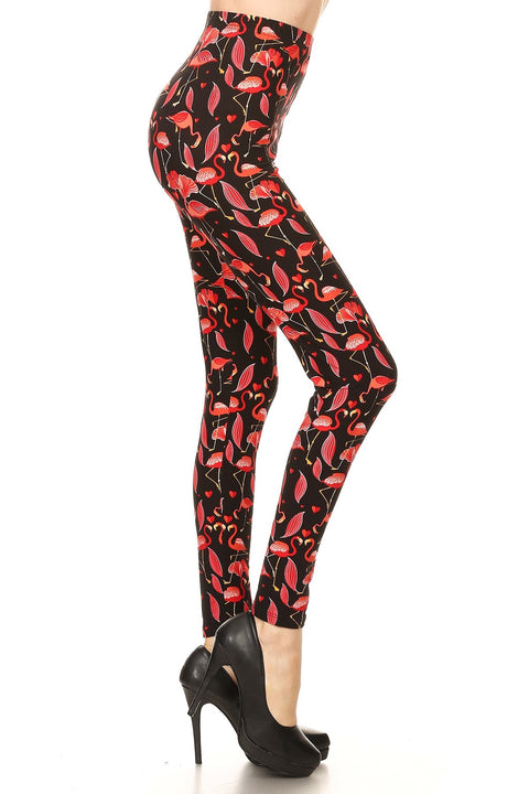 Women's Plus Flamingo Bird Pattern Printed Leggings - Black Pink