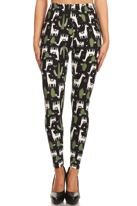 Women's Regular White Giraffe Green Cactus Pattern Printed Leggings