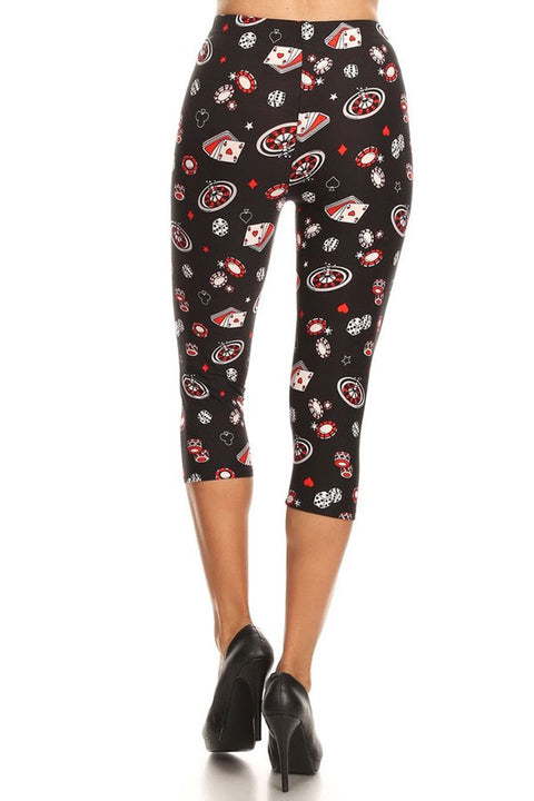 Women's Plus Colorful Card Game Diceplay Printed Cropped Capri Leggings