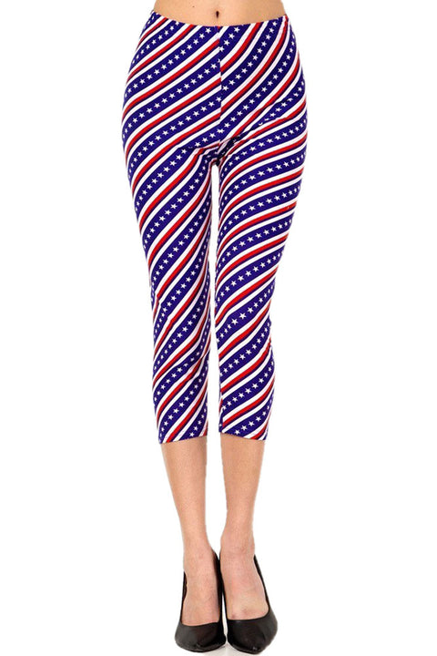 Women's Plus American Flag Diagonal Printed Cropped Capri Leggings
