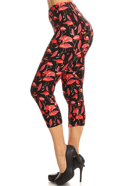 Women's Plus Red Flamingo Birds Printed Cropped Capri Leggings