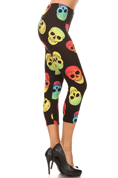 Women's Regular Neon Skulls Printed Cropped Capri Leggings
