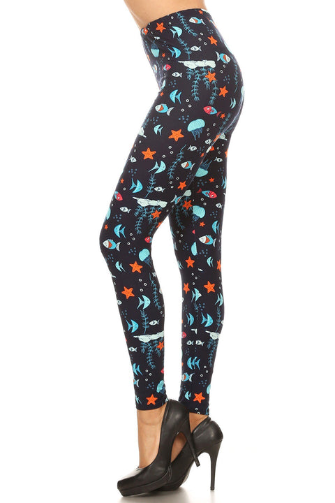 Women's 3X 5X Ocean Creatures Fish Pattern Print Leggings