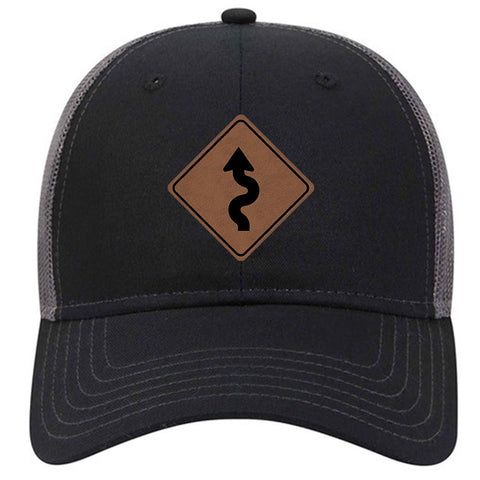 Winding Road Leatherette Patch 6 Panel Low Profile Mesh Back Trucker Hat for Men and Women