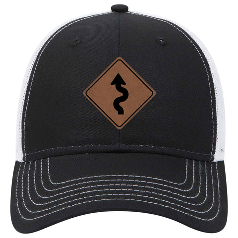 Winding Road Leatherette Patch 6 Panel Low Profile Mesh Back Trucker Hat for Men and Women