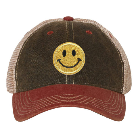 Yellow Glitter Happy Face Embroidered Patch 6 Panel Unstructured Low Profile Mesh Back Old Favorite Trucker Caps