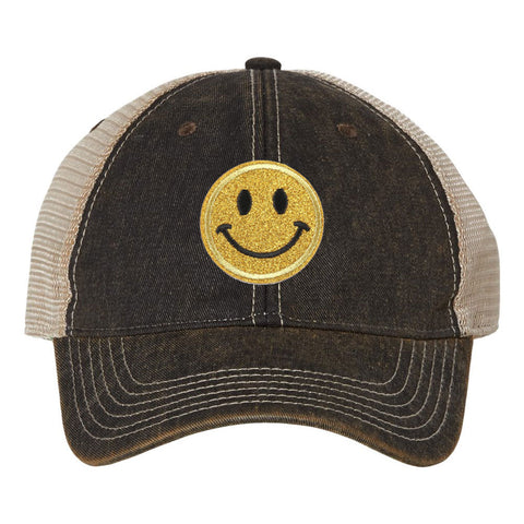 Yellow Glitter Happy Face Embroidered Patch 6 Panel Unstructured Low Profile Mesh Back Old Favorite Trucker Caps