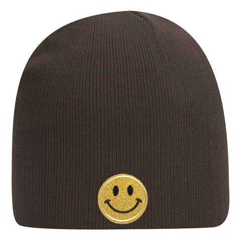 Yellow Glitter Happy Face Embroidered Patch Superior Cotton Blend 9" Classic Knit Beanies for Men & Women