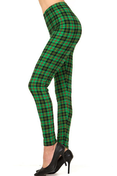 Women's 3X 5X Holiday Green Wine Plaid Pattern Print Leggings