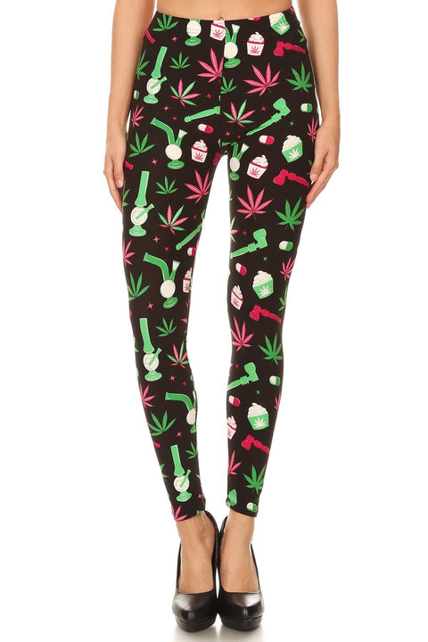 Women's Regular Green Leaf Cannabis Pattern Printed Leggings