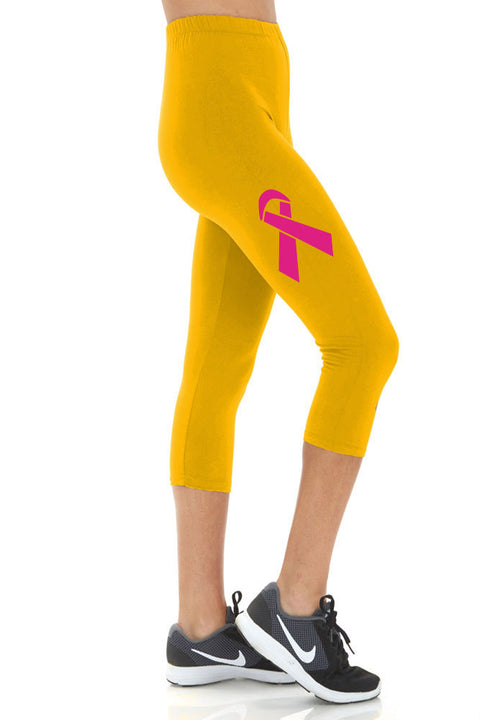 Women's Breast Cancer Ribbon Printed Buttery Soft Peach Skin Cropped Capri Leggings - Regular Plus and 3X5X