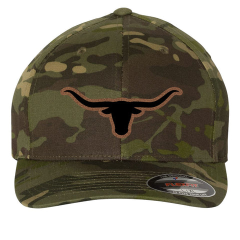 Longhorn Leatherette Patch 6 Panel Mid Profile Flexfit Closed Back Twill Cap - From Small to 2XL Big Size