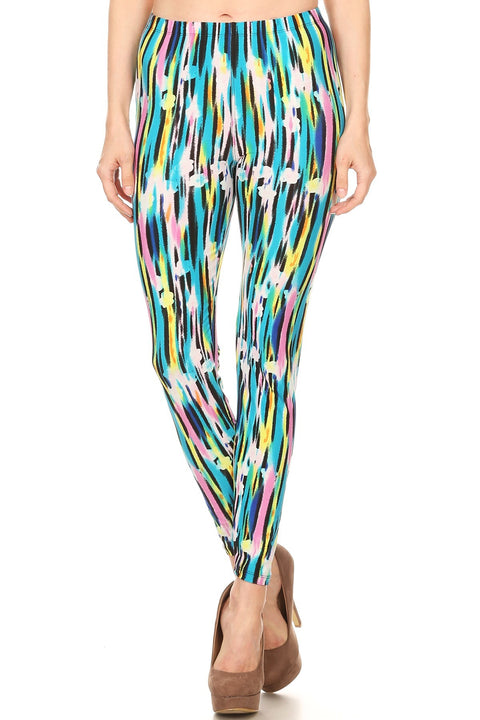 Women's Plus Abstract Paint Lines Pattern Printed Leggings - Blue Yellow