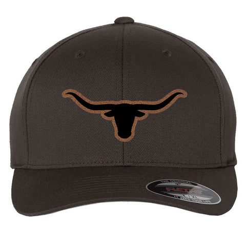 Longhorn Leatherette Patch 6 Panel Mid Profile Flexfit Closed Back Twill Cap - From Small to 2XL Big Size