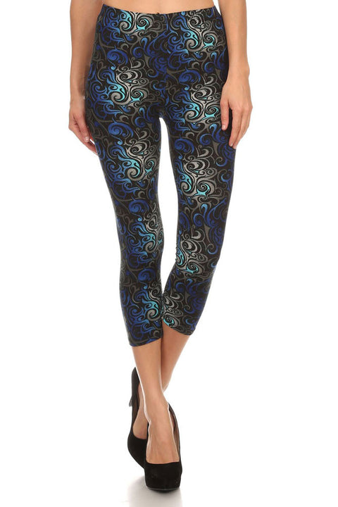 Women's Regular Dark Flame Print Capri Leggings - Black Blue Grey