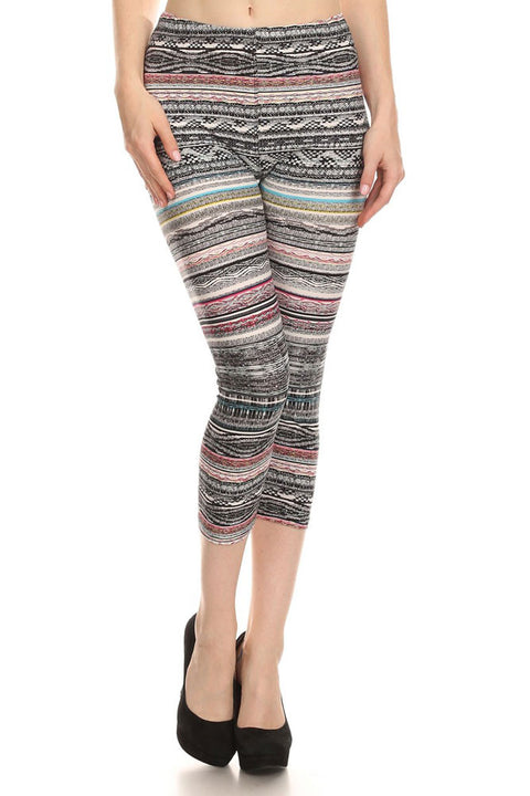 Womens Regular Mixed Color Splendid Tribal Print Capri Leggings - Black Grey Red
