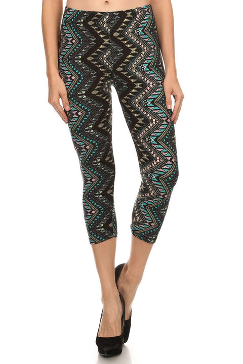 Women's Regular Ornate Sawtooth Pattern Print Capri Leggings - Black Blue