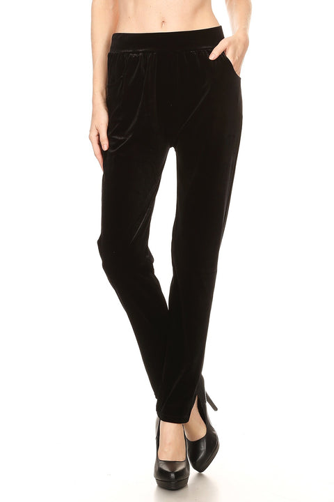 Women's Regular Full Length Velvet Pants with Side Pockets