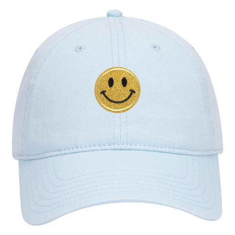 Yellow Glitter Happy Face Embroidered Patch Pastel Tone Garment Washed Superior Cotton Twill Dad Hat - For Women and Men