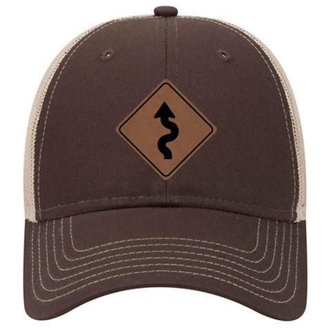 Winding Road Leatherette Patch 6 Panel Low Profile Mesh Back Trucker Hat for Men and Women
