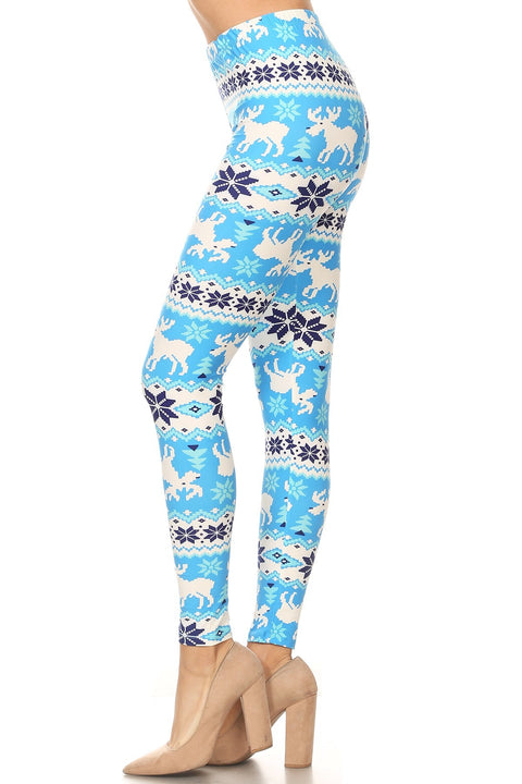 Women's Plus Christmas Blue White Reindeer Pattern Printed Leggings