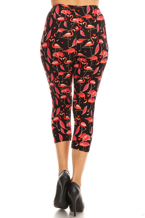 Women's Plus Red Flamingo Birds Printed Cropped Capri Leggings