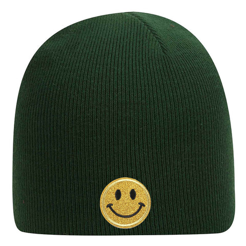 Yellow Glitter Happy Face Embroidered Patch Superior Cotton Blend 9" Classic Knit Beanies for Men & Women