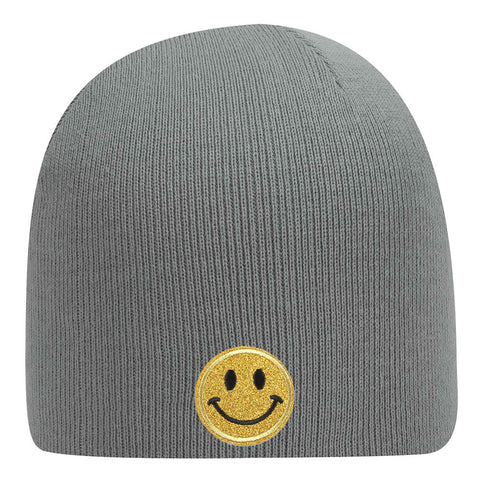 Yellow Glitter Happy Face Embroidered Patch Superior Cotton Blend 9" Classic Knit Beanies for Men & Women