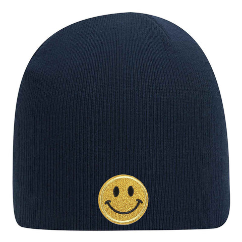 Yellow Glitter Happy Face Embroidered Patch Superior Cotton Blend 9" Classic Knit Beanies for Men & Women