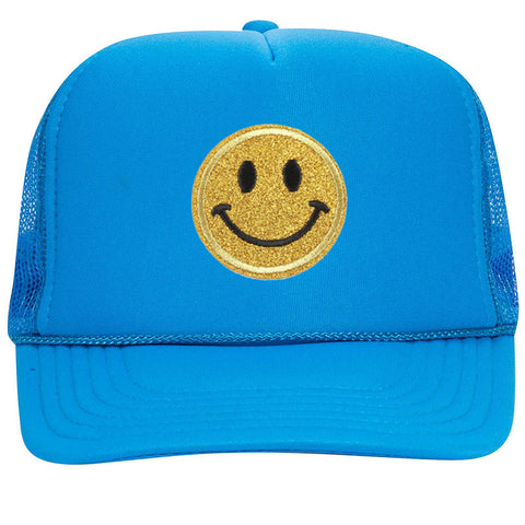 Yellow Glitter Happy Face Embroidered Patch Neon 5 Panel High Crown Foam Mesh Back Trucker Hat - For Men and Women