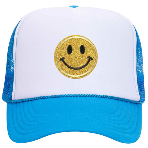 Yellow Glitter Happy Face Embroidered Patch Neon 5 Panel High Crown Foam Mesh Back Trucker Hat - For Men and Women