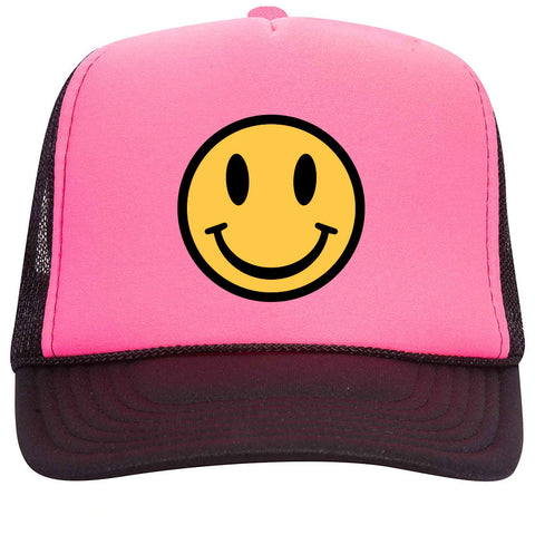 Yellow Happy Face Suede Like Feel Textured Printed Neon 5 Panel High Crown Foam Mesh Back Trucker Hat - For Men and Women