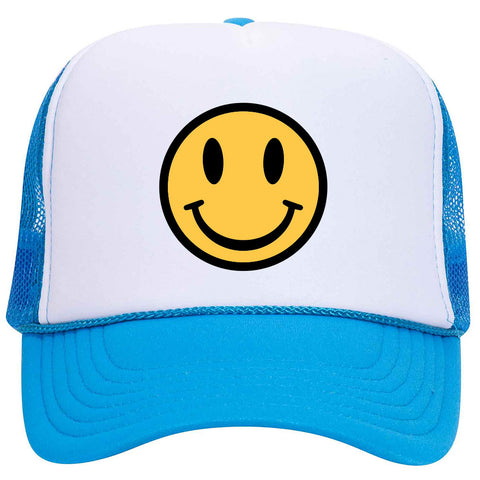 Yellow Happy Face Suede Like Feel Textured Printed Neon 5 Panel High Crown Foam Mesh Back Trucker Hat - For Men and Women