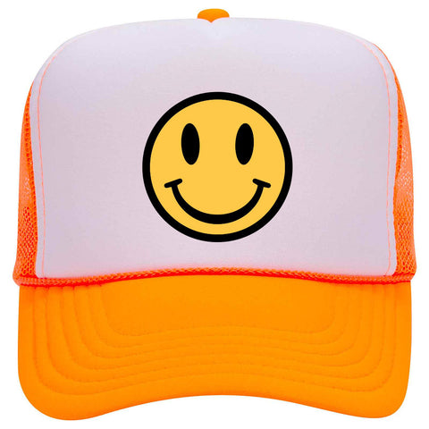 Yellow Happy Face Suede Like Feel Textured Printed Neon 5 Panel High Crown Foam Mesh Back Trucker Hat - For Men and Women