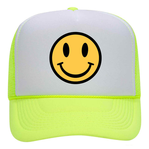 Yellow Happy Face Suede Like Feel Textured Printed Neon 5 Panel High Crown Foam Mesh Back Trucker Hat - For Men and Women