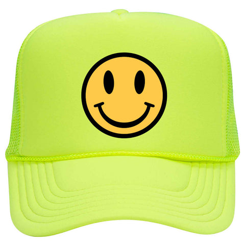 Yellow Happy Face Suede Like Feel Textured Printed Neon 5 Panel High Crown Foam Mesh Back Trucker Hat - For Men and Women