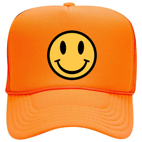 Yellow Happy Face Suede Like Feel Textured Printed Neon 5 Panel High Crown Foam Mesh Back Trucker Hat - For Men and Women