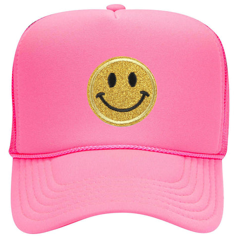 Yellow Glitter Happy Face Embroidered Patch Neon 5 Panel High Crown Foam Mesh Back Trucker Hat - For Men and Women