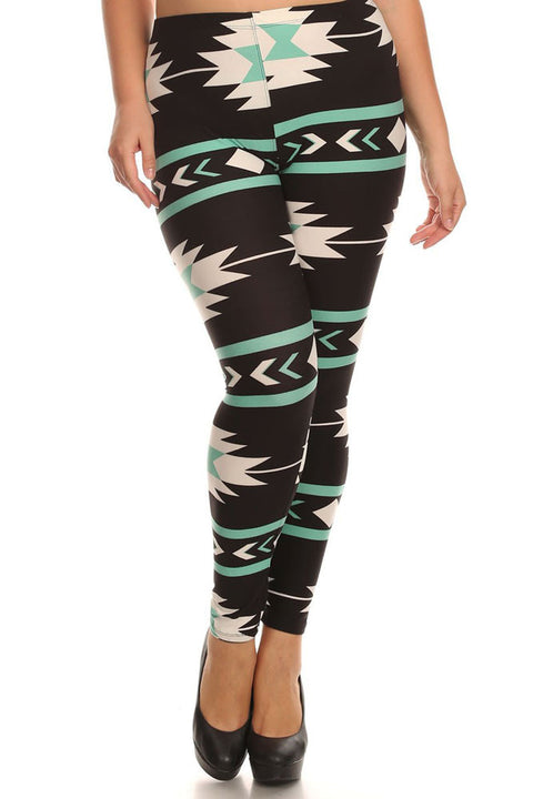 Women's Plus Aztec and Stripe Pattern Print Leggings