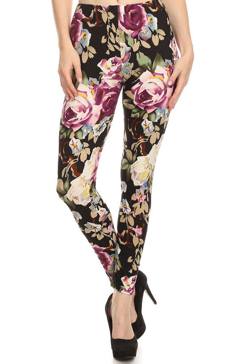 Women's Regular Big Floral Print Leggings with Elastic Waist - Black Purple
