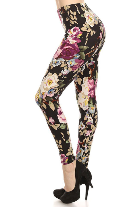 Women's Regular Big Floral Print Leggings with Elastic Waist - Black Purple