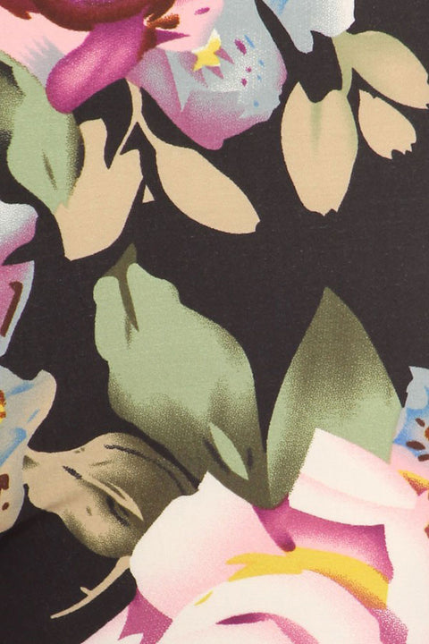 Women's Regular Big Floral Print Leggings with Elastic Waist - Black Purple