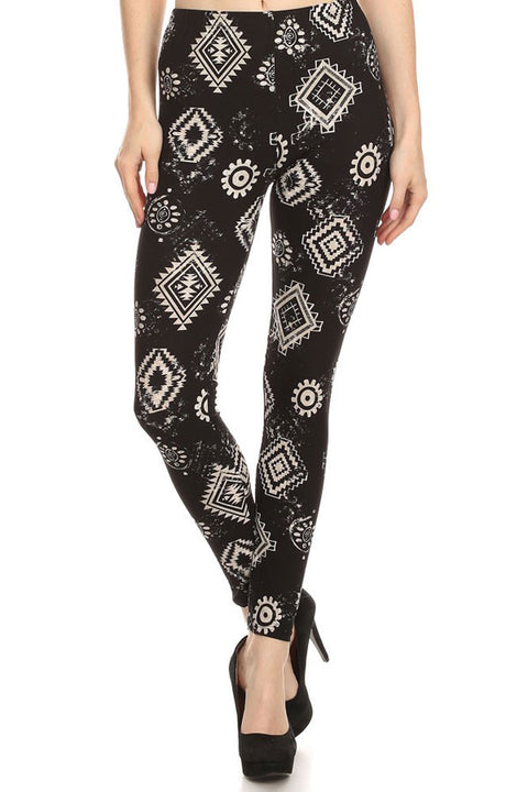 Women's Regular Square Pattern Print Leggings with Elastic Waist - Black White