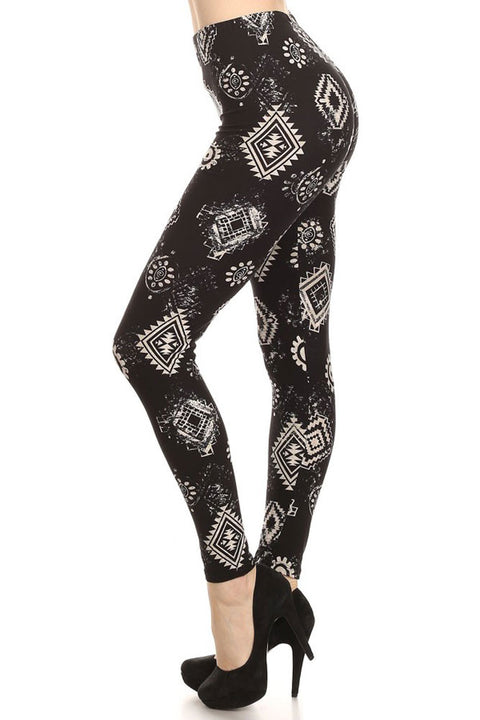 Women's Regular Square Pattern Print Leggings with Elastic Waist - Black White