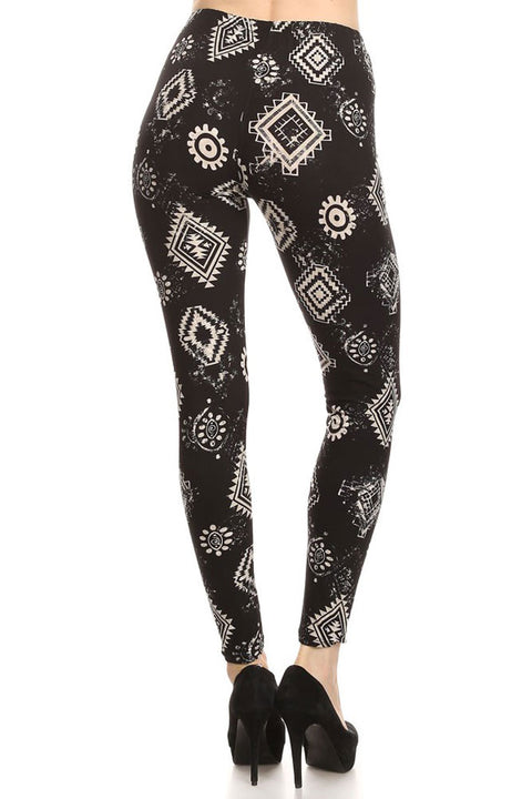 Women's Regular Square Pattern Print Leggings with Elastic Waist - Black White