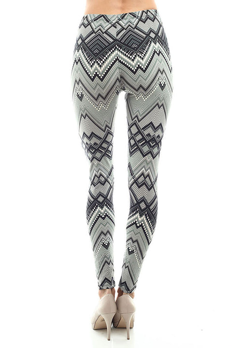 Women's Regular Tribal and Peaked Pattern Print Leggings - Grey Black